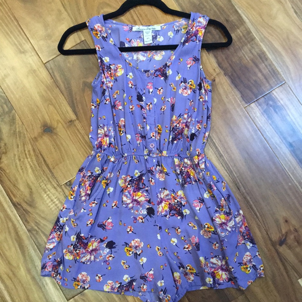 purple floral romper with pockets